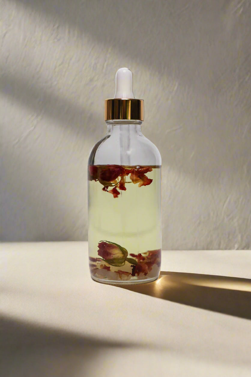 Glass dropper bottle with floral elements on a neutral background