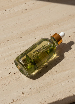 Clear glass bottle with a dropper on a stonebackground