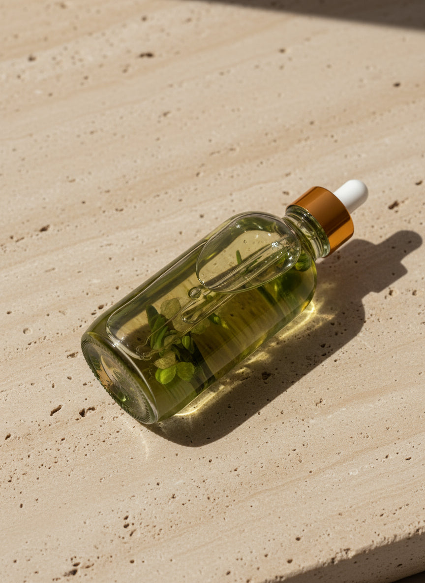 Clear glass bottle with a dropper on a stonebackground