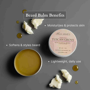 Lola James Tuscan Grove beard balm with benefits listed on a dark background